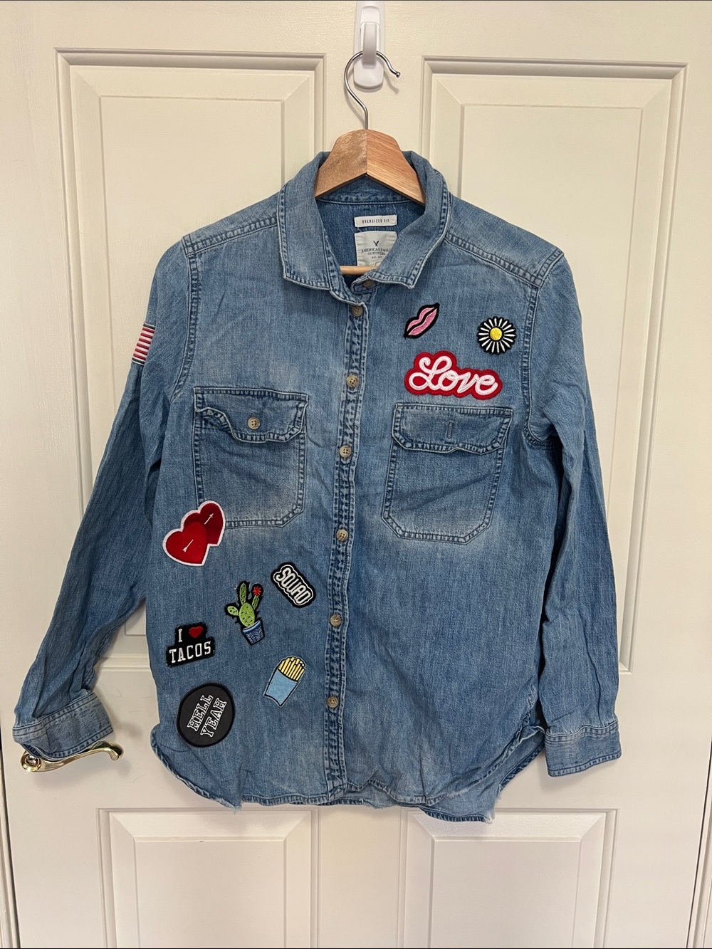 American Eagle Outfitters Light Blue Denim Shirt with Colorful Patches